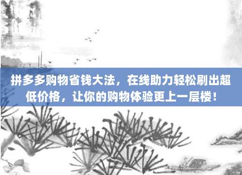 拼多多购物省钱大法,在线助力轻松刷出超低价格,让你的购物体验更上一层楼!